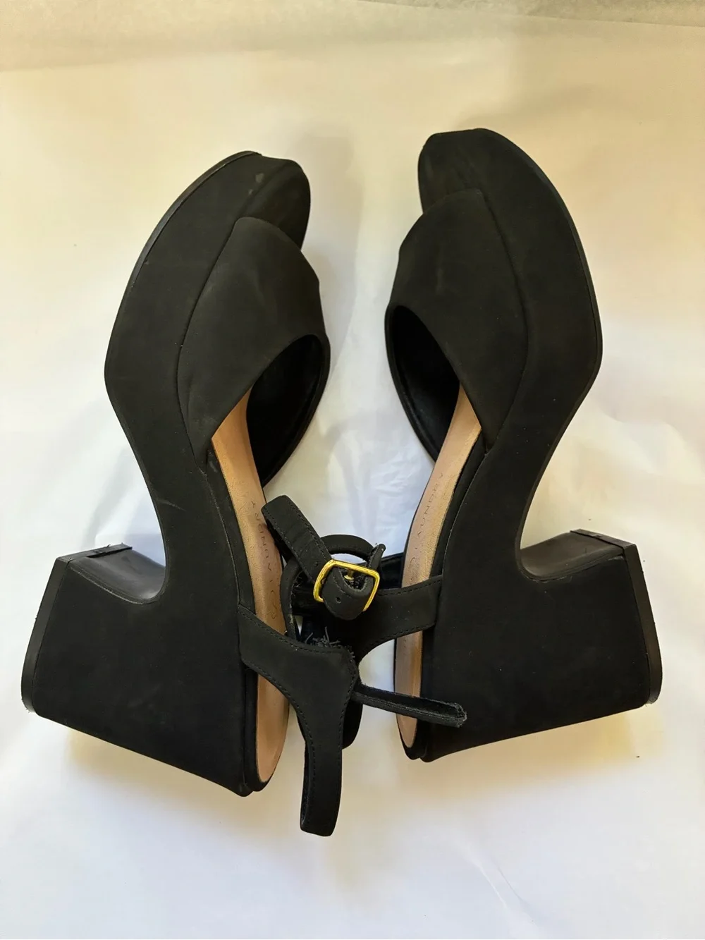 Vtg Chinese Laundry y2k Black velvet faux suede platform block Slingback Sandals